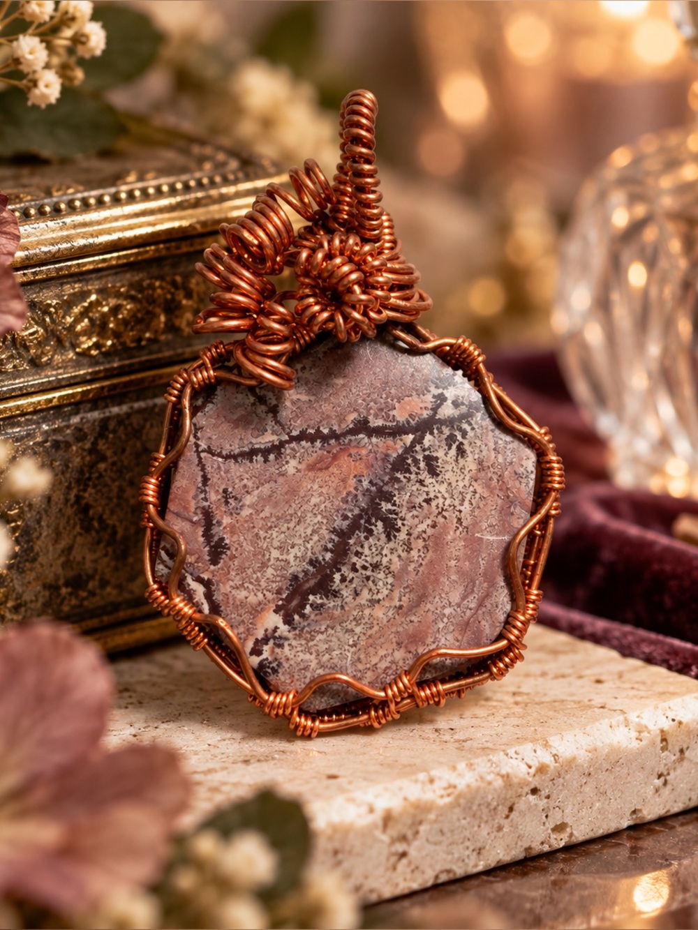 Artisan Hand-Wrapped Copper Picture Scenic Jasper Pendant OOAK Boho Jewelry